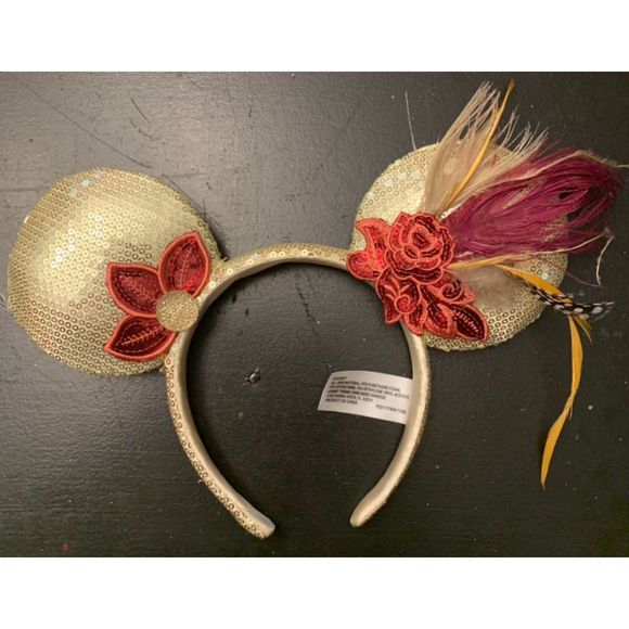 Disney Park Minnie Mouse Ears Gold Sequin Feather Roaring 20s Flapper Flower EUC